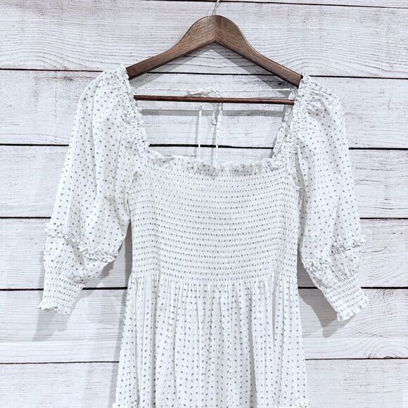 Hill House Home Nesli Nap Dress White Smocked Puff Sleeve Midi Cottagecore XS - Picture 9 of 12